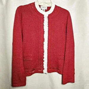 🛑 Chadwick's Vintage Womens Red Button-up Knit Sweater Mock White Blouse PXL